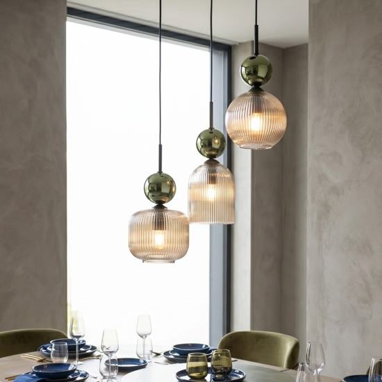 lampadario 3 sfere di vetro verde ambra a sospensione