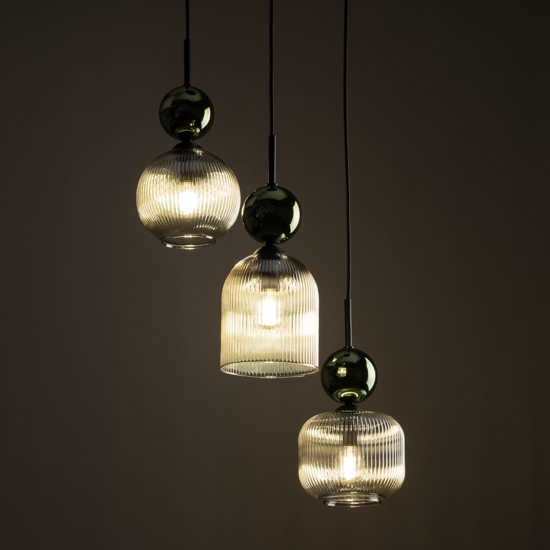 lampadario 3 sfere di vetro verde ambra a sospensione