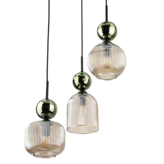 lampadario 3 sfere di vetro verde ambra a sospensione