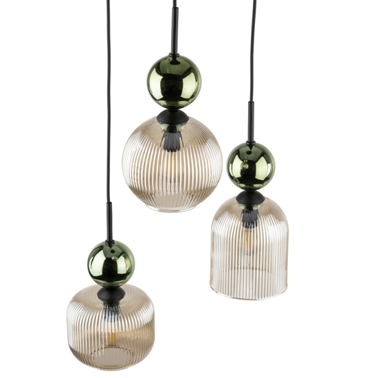 lampadario 3 sfere di vetro verde ambra a sospensione