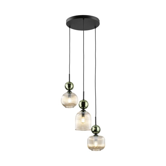 lampadario 3 sfere di vetro verde ambra a sospensione