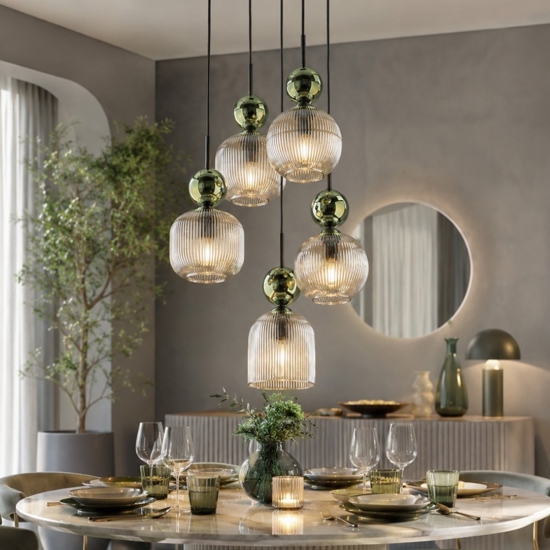 lampadario a 5 vetri giallo ambra pendenti per soggiorno contemporaneo
