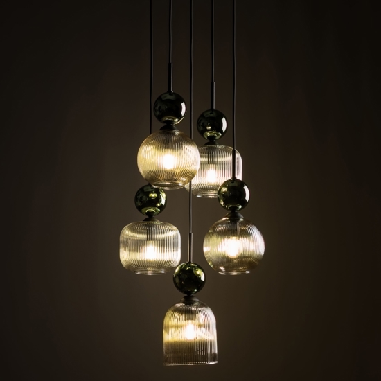 lampadario a 5 vetri giallo ambra pendenti per soggiorno contemporaneo