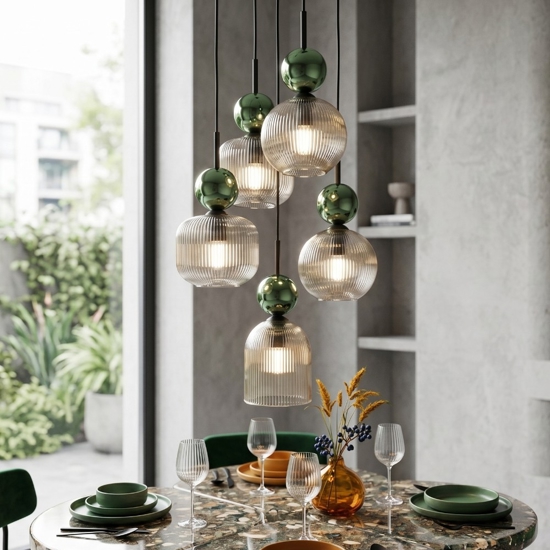 lampadario a 5 vetri giallo ambra pendenti per soggiorno contemporaneo