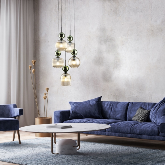 lampadario a 5 vetri giallo ambra pendenti per soggiorno contemporaneo
