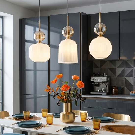 lampadario oro barra 3 vetri pendenti ambra bianco per tavolo cucina
