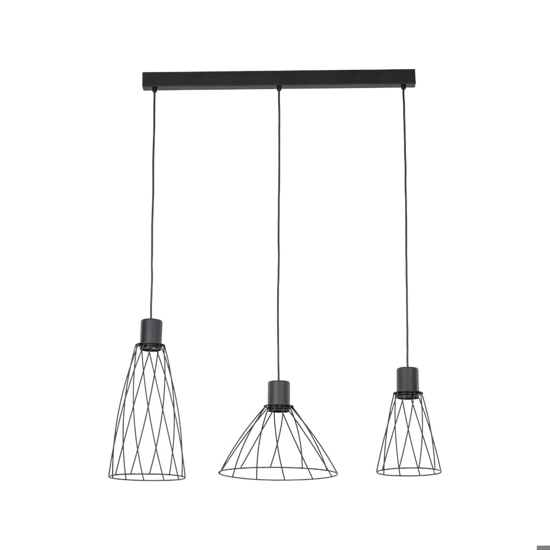 Lampadario per cucina lineare nero tre elementi diffusori a gabbia