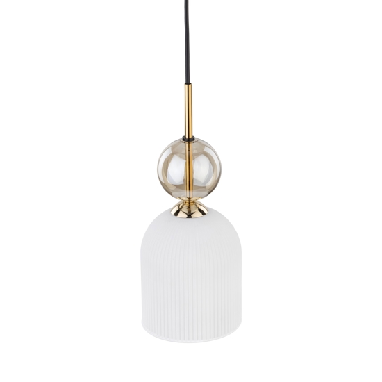 lampada a sospensione in vetro bianco sfera ambra stile contemporaneo