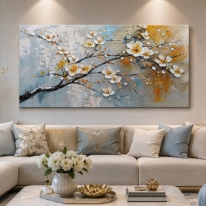 Quadro moderno fiori al tramonto 77x143 cm dipinto a rilievo