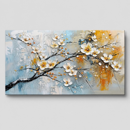 Quadro moderno fiori al tramonto 77x143 cm dipinto a rilievo