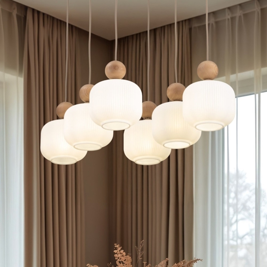 Lampadario in legno e vetro per soggiorno moderno con pendenti a sospensione