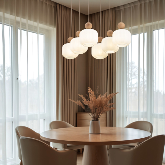 Lampadario in legno e vetro per soggiorno moderno con pendenti a sospensione