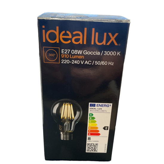 Lampadina e27 led 8w 3000k 910lm filamento goccia trasparente ideal lux