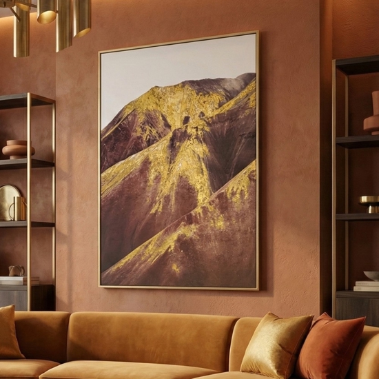 Quadro verticale tela dipinta montagna astratta cornice oro 80x120