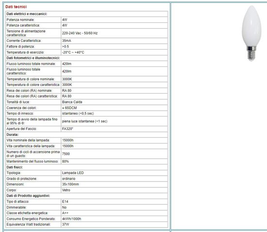 Lampadina led e14 4w 3000k candela filament milky 39.920022cm3 fp