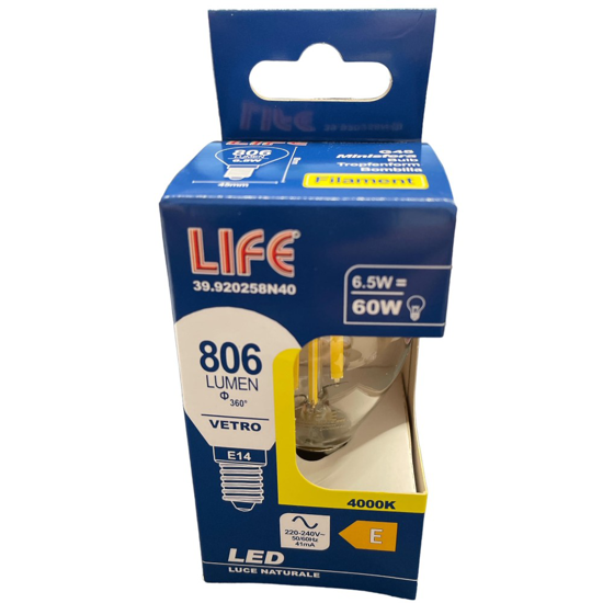 Life lampadina e14 led 6,5w 4000k 806lm sfera vetro trasparente