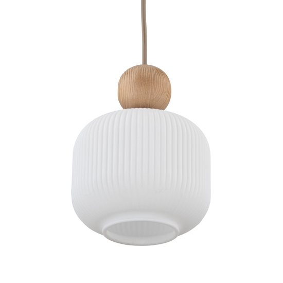 Lampada a sospensione inserti in legno vetro bianco