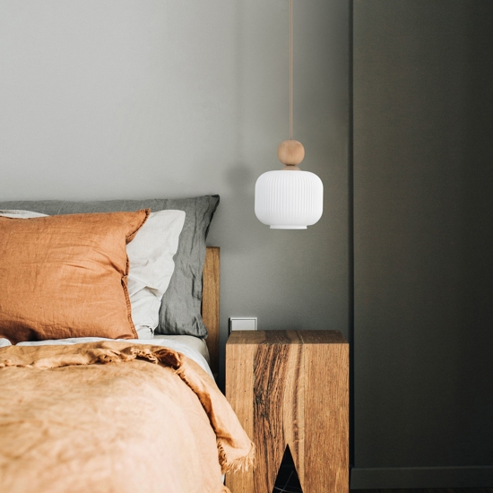 Lampada a sospensione inserti in legno vetro bianco