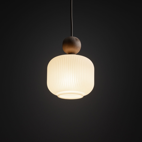 Lampada a sospensione inserti in legno vetro bianco