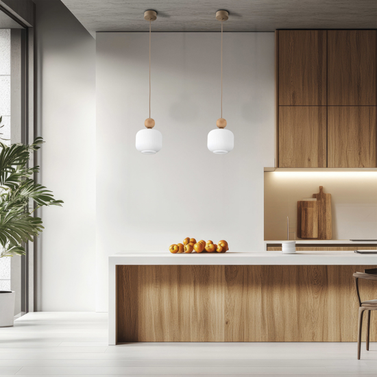 Lampada a sospensione inserti in legno vetro bianco