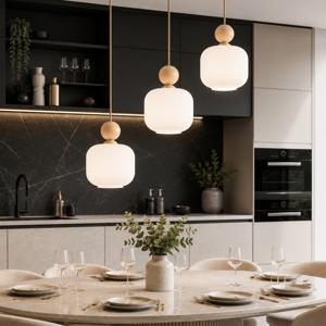 Lampadario per cucina moderna inserti in legno sfere di vetro a sospensione