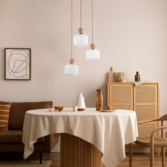 Lampadario per cucina moderna inserti in legno sfere di vetro a sospensione
