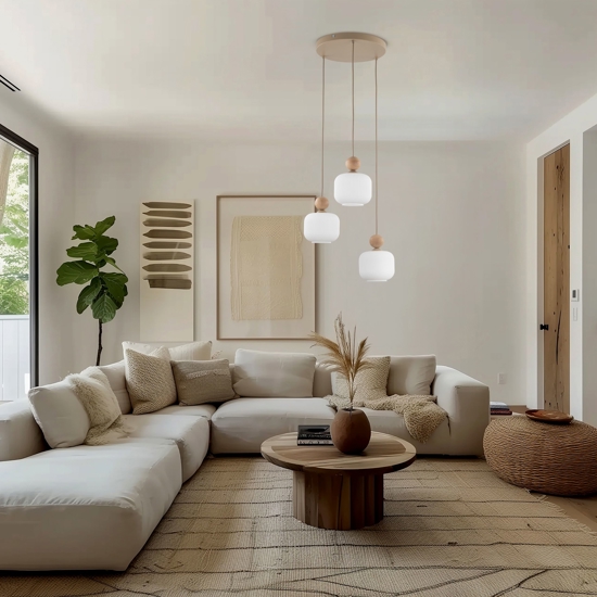 Lampadario per cucina moderna inserti in legno sfere di vetro a sospensione