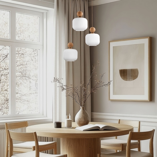 Lampadario per cucina moderna inserti in legno sfere di vetro a sospensione
