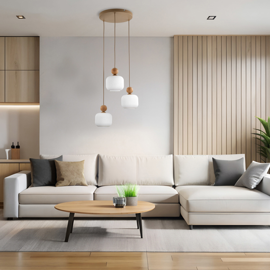 Lampadario per cucina moderna inserti in legno sfere di vetro a sospensione