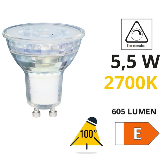 Life lampadina led gu10 5,5w 3000k 630 lumen ottica 36 dimmerabile