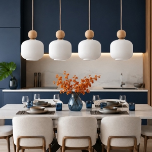 Lampadario per cucina inserti in legno 4 pendenti in vetro