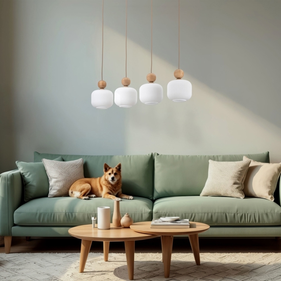 Lampadario per cucina inserti in legno 4 pendenti in vetro