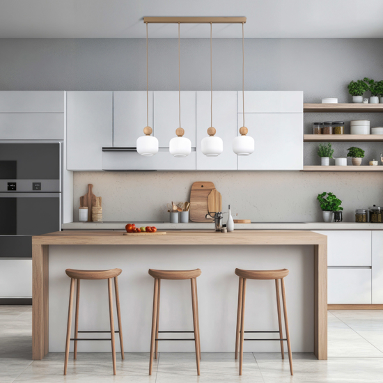 Lampadario per cucina inserti in legno 4 pendenti in vetro