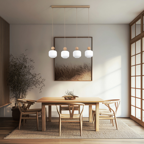 Lampadario per cucina inserti in legno 4 pendenti in vetro