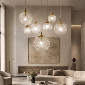 Lampadario oro sospensioni sfere di vetro trasparente rigato a grappolo per soggiorno contemporaneo