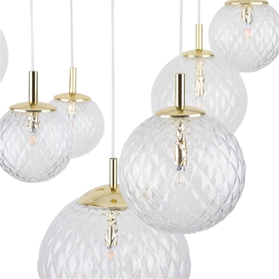 Lampadario oro sospensioni sfere di vetro trasparente rigato a grappolo per soggiorno contemporaneo