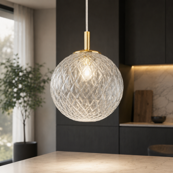 Lampada sfera 21 cm a sospensione oro vetro trasparente rigato stile contemporaneo