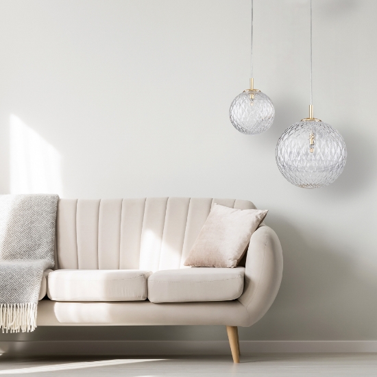 Lampada sfera 21 cm a sospensione oro vetro trasparente rigato stile contemporaneo