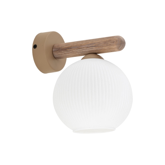Applique da parete in legno con sfera di vetro bianco