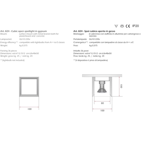 Cubo faretto quadrato da soffitto in gesso bianco
