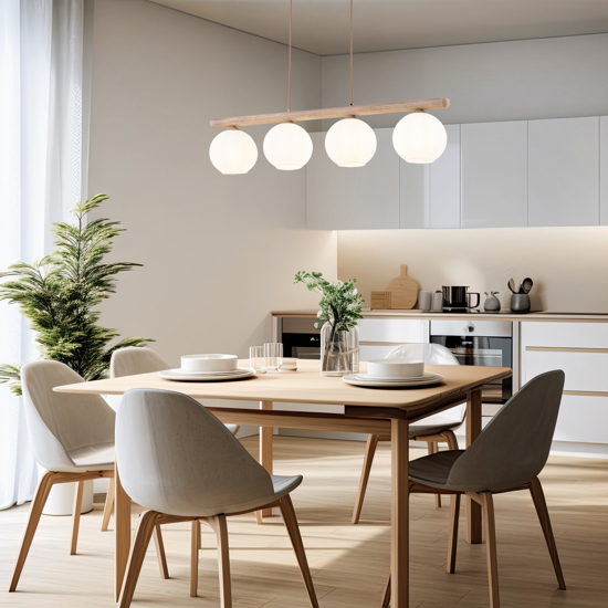 Lampadario in legno e vetro per tavolo da cucina