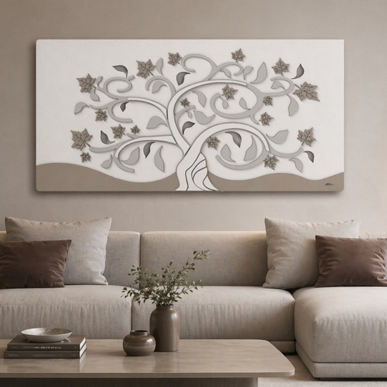 Quadro albero della vita moderno 60x120 legno bianco tortora grigio