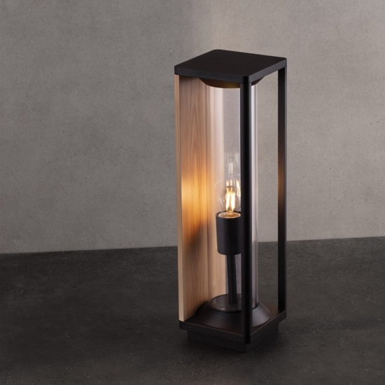 Lampioncino da giardino nero con inserti in legno