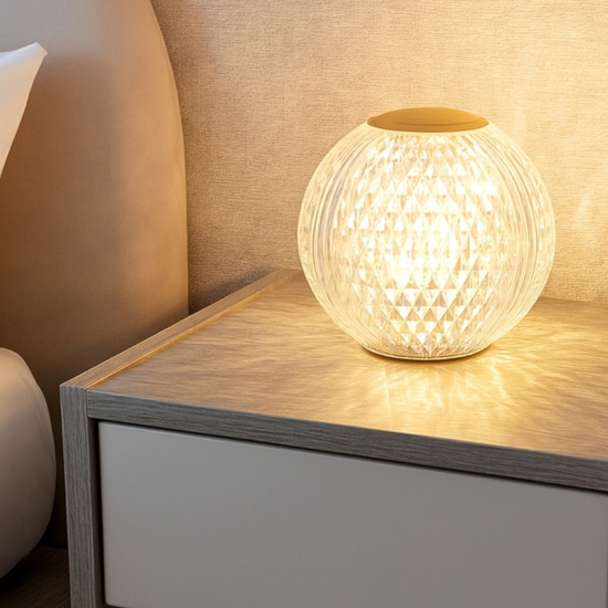 Lampada da comodino abat-jour sfera trasparente oro ricaricabile