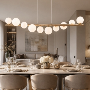 Lampadario design oro moderno sfere vetro bianco per soggiorno