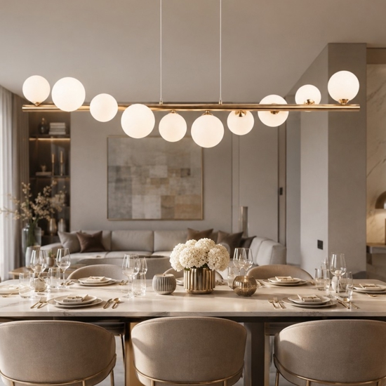 Lampadario design oro moderno sfere vetro bianco per soggiorno