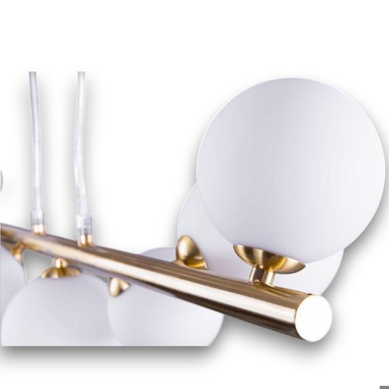 Lampadario design oro moderno sfere vetro bianco per soggiorno