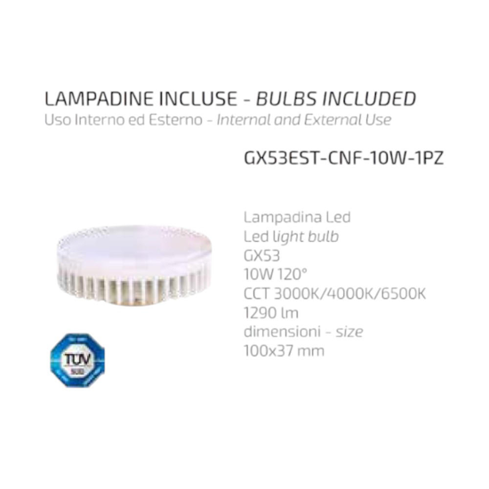 Top light lampadina led gx53 per esterno 10w cct 1290 lumen