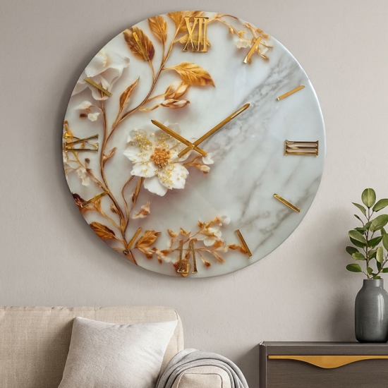 Orologio in resina moderno per parete 60cm fiore foglia oro cristalli