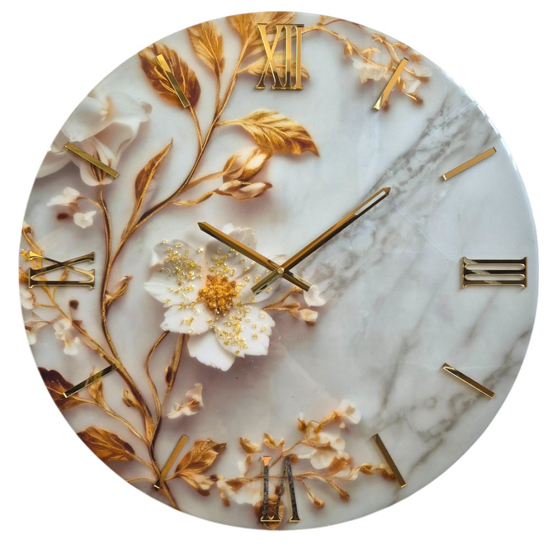 Orologio in resina moderno per parete 60cm fiore foglia oro cristalli